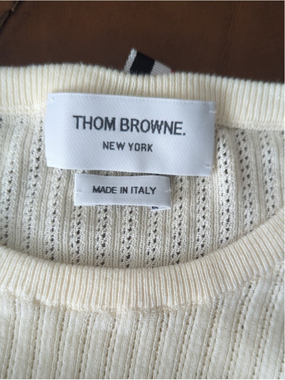 Thom Browne Cream Short-Sleeve Knit with Black Sleeve Stripes - Picture 8 of 10